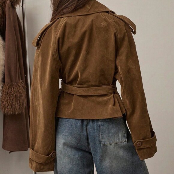 Brown Women's Casual faux Suede Long-Sleeve Belted mini Trench Coat - Picture 2 of 8